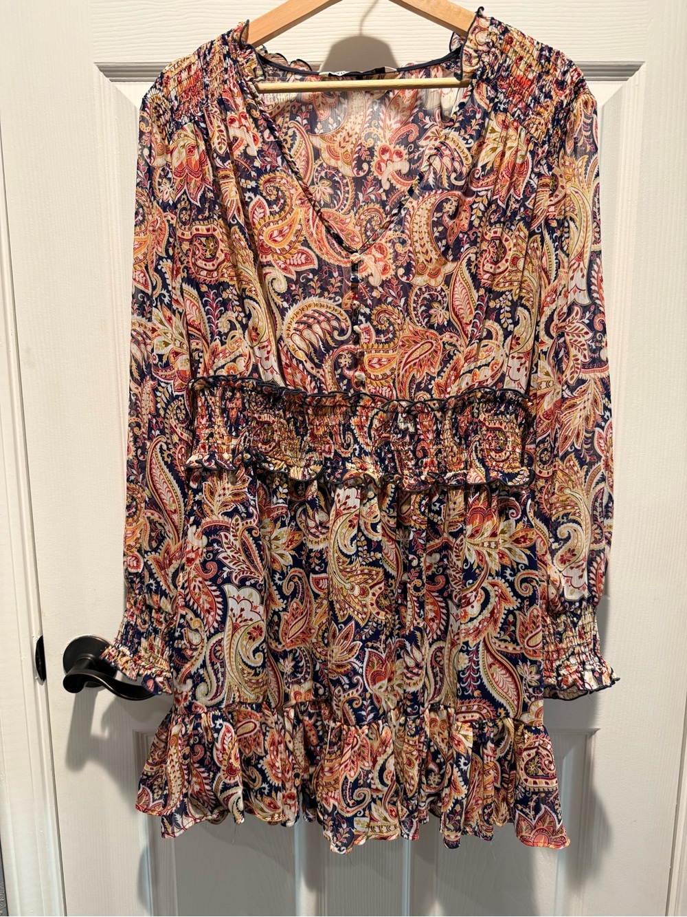 Zara Navy Multi Paisley V-Neck Smocked-Waist Mini Dress - Picture 2 of 4